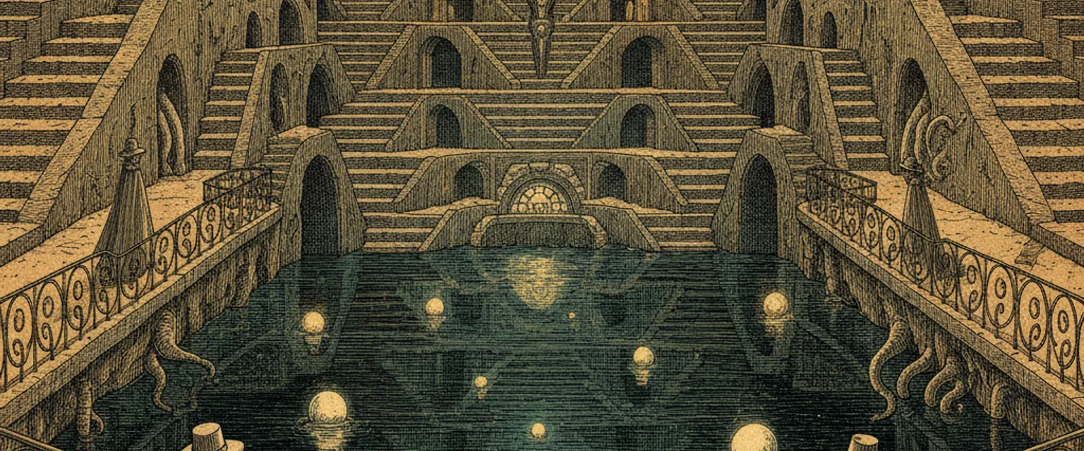 A vast geometric stepwell descending in symmetrical tiers of stone staircases into cool shadow