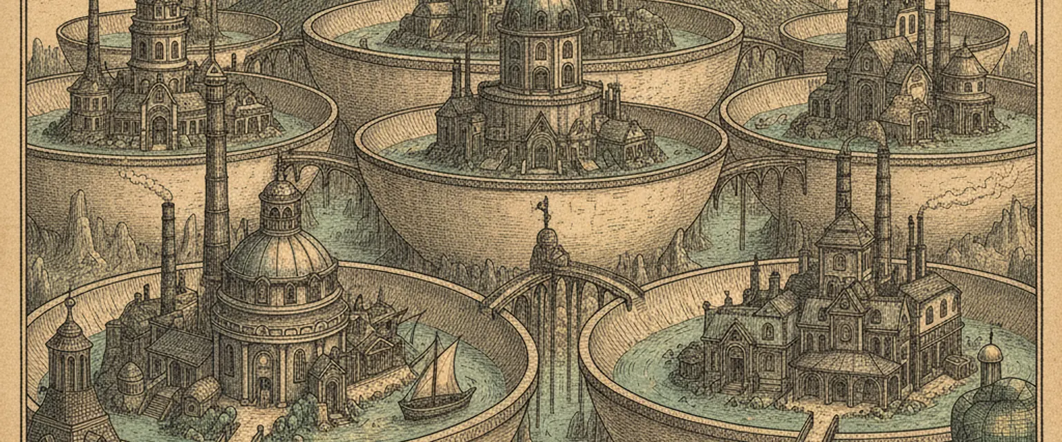 A small village with green fields sitting inside the curved rim of an ancient volcanic crater