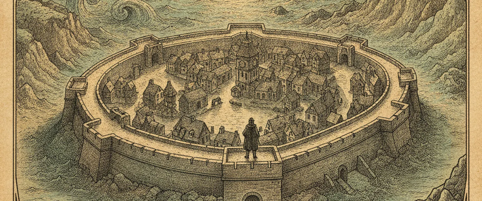 A walkable stone rampart curving around red-roofed medieval houses with the sea beyond