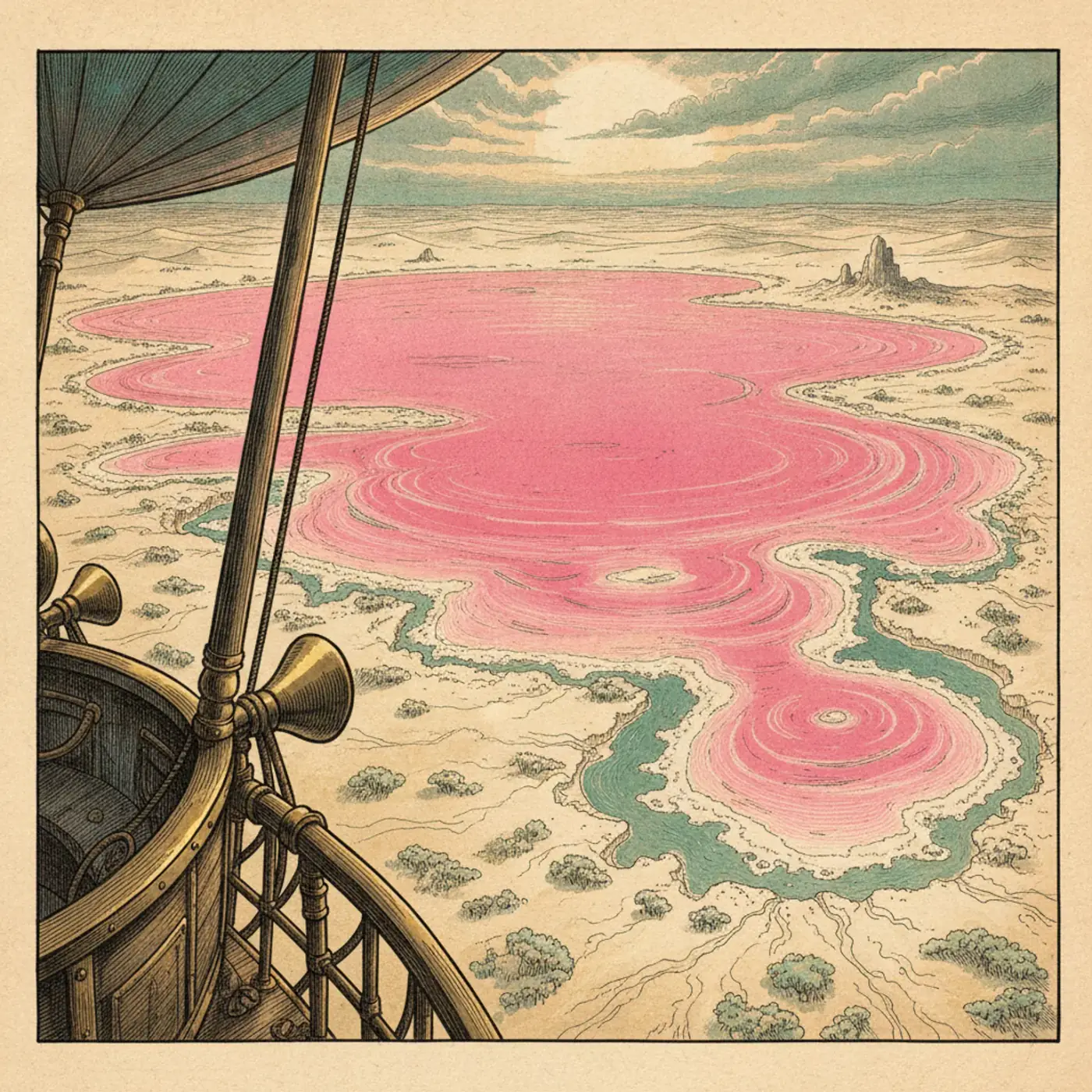 Aerial view of bright bubblegum-pink Lake Hillier ringed by green forest beside the deep blue ocean