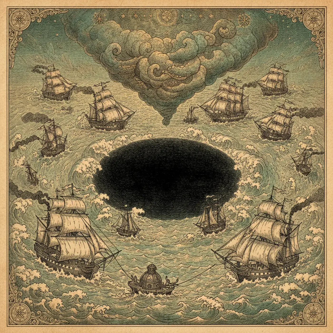 Calm deep-blue open ocean strewn with floating golden-brown seaweed rafts under a clear sky