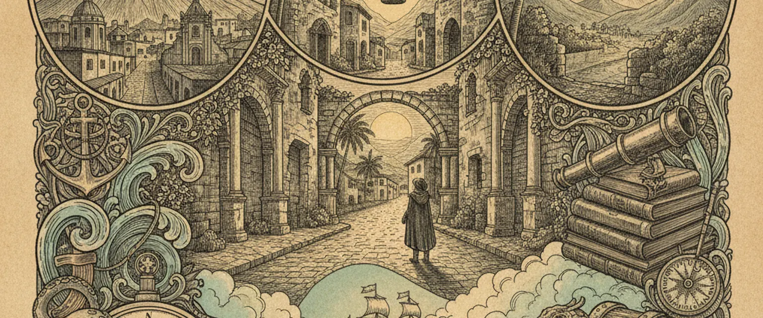 The yellow Santa Catalina Arch in Antigua Guatemala with Volcán de Agua rising behind it