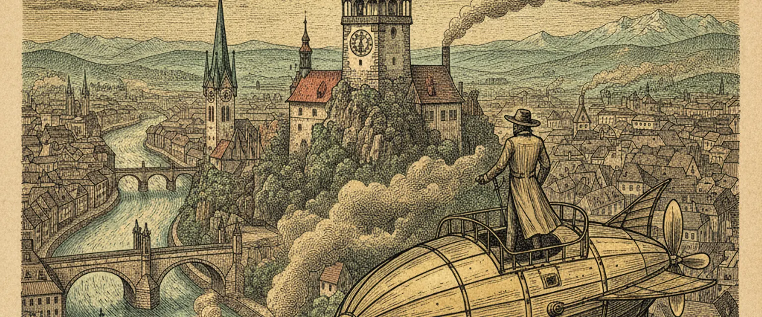 Graz old town rooftops with the Schlossberg clock tower above