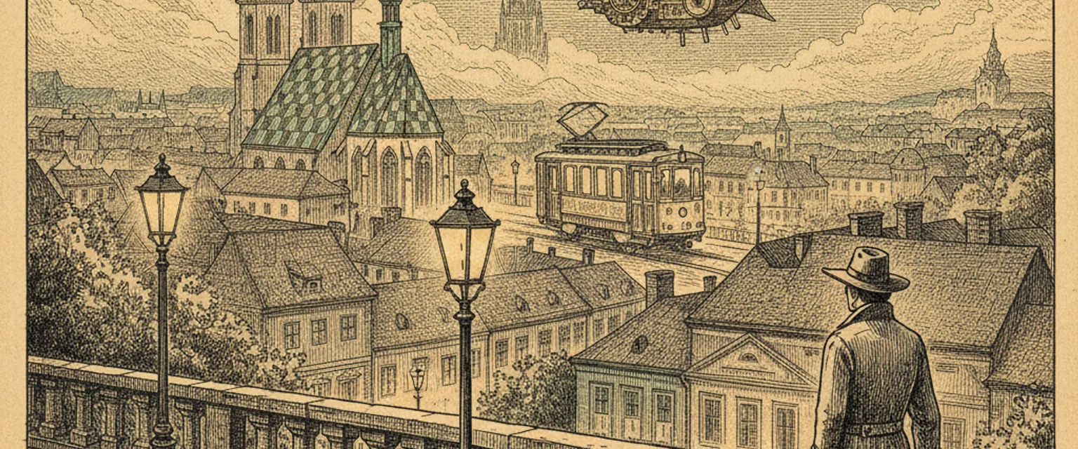 Zagreb's Upper Town rooftops with the tiled roof of St. Mark's Church and twin cathedral spires behind