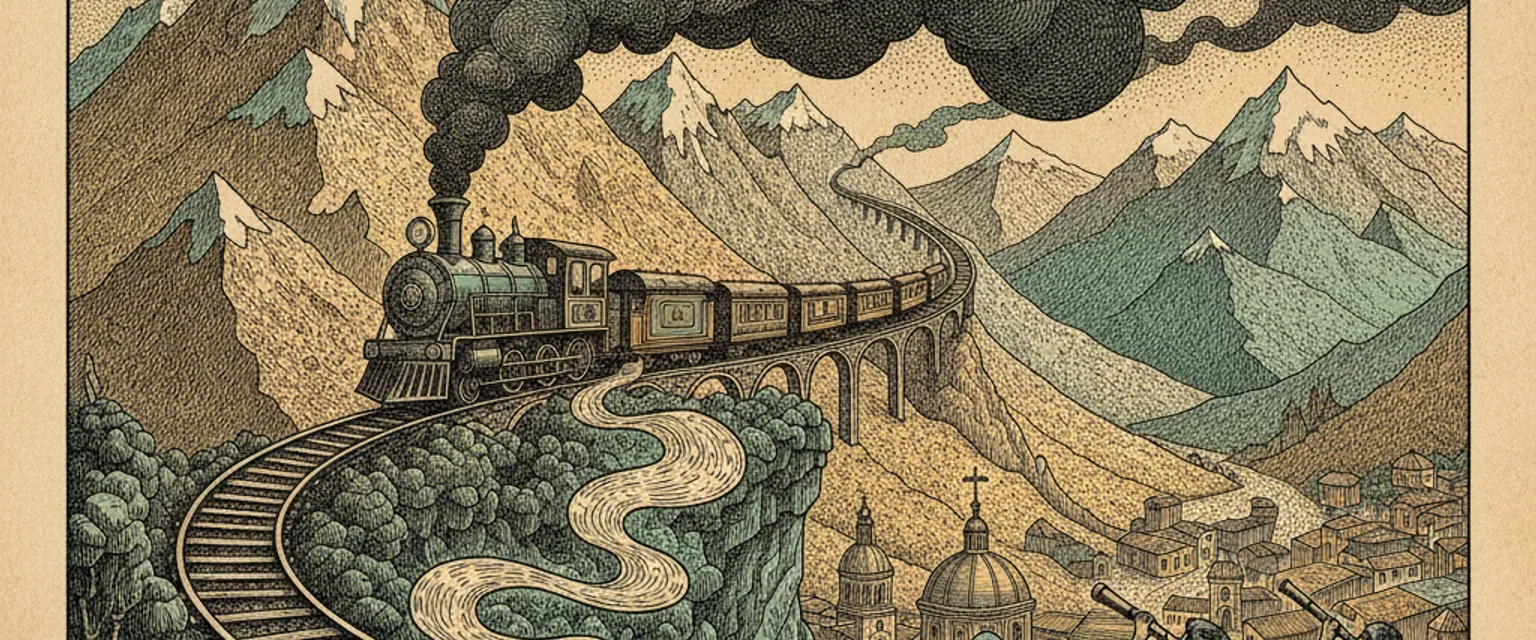 Engraved illustration of Salta's colonial cathedral against the striped Andean foothills