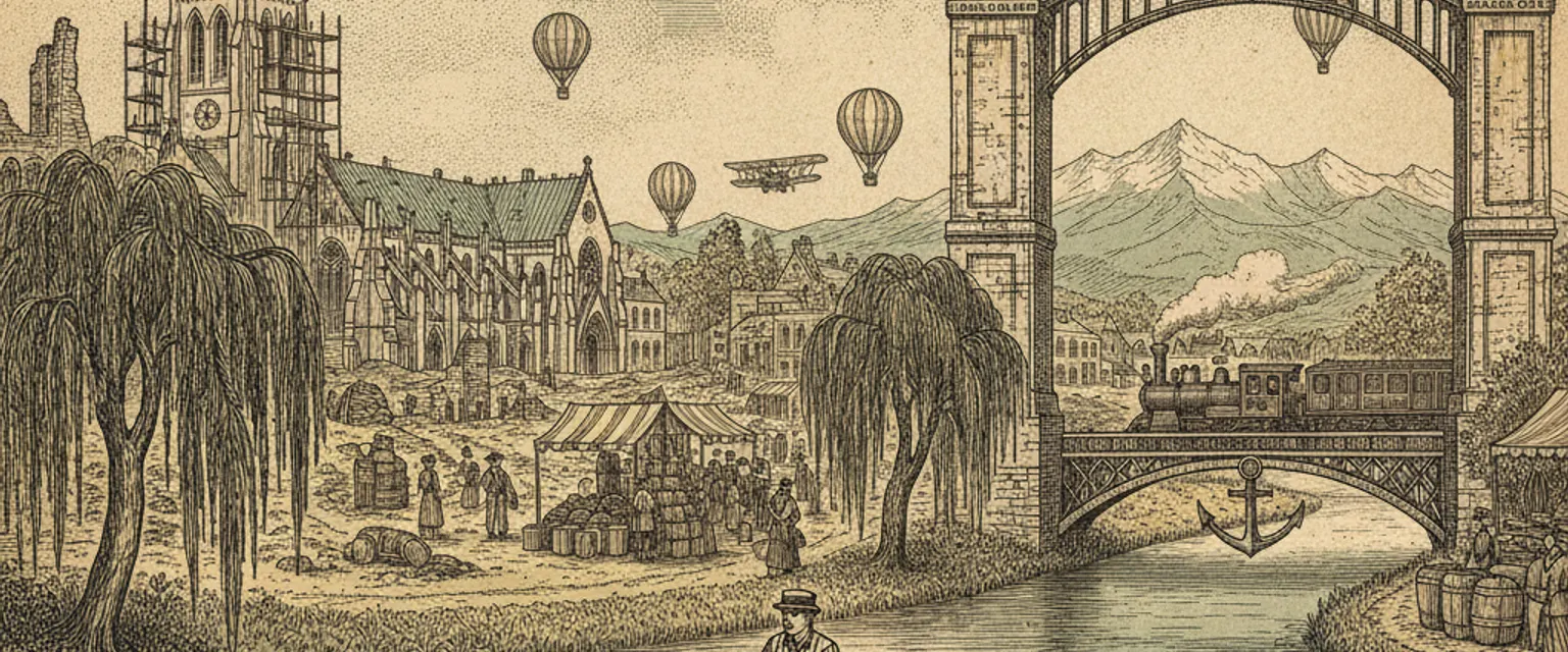 A flat-bottomed punt gliding under a stone bridge on the willow-lined Avon River in Christchurch