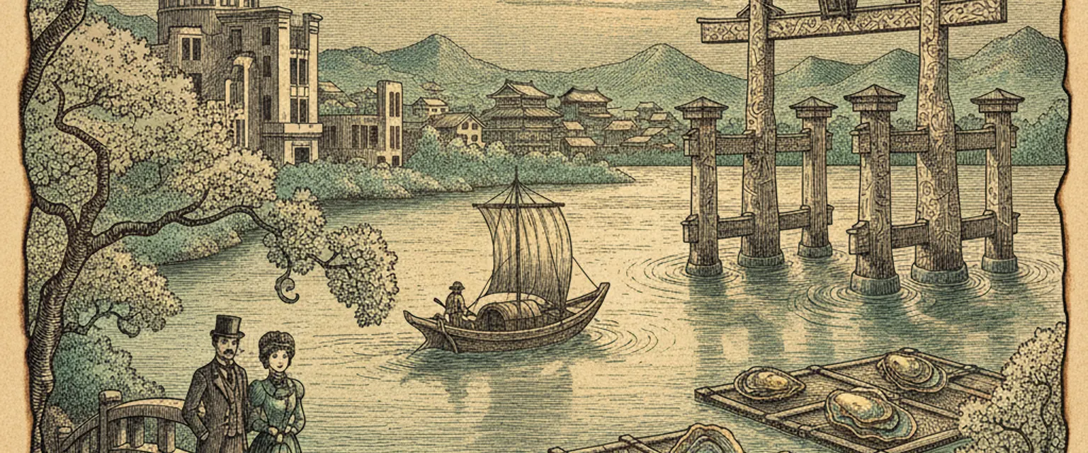 The vermillion floating torii gate of Miyajima standing in the sea at high tide near Hiroshima