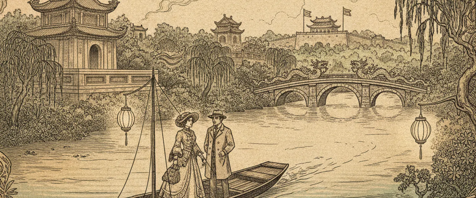 A wooden dragon boat on the misty Perfume River in Hue at dawn