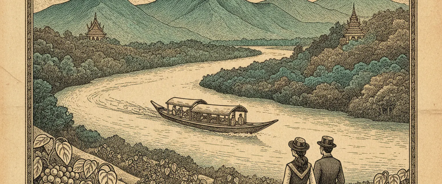 Wooden fishing boats on the Kampot River at golden hour with mountains behind