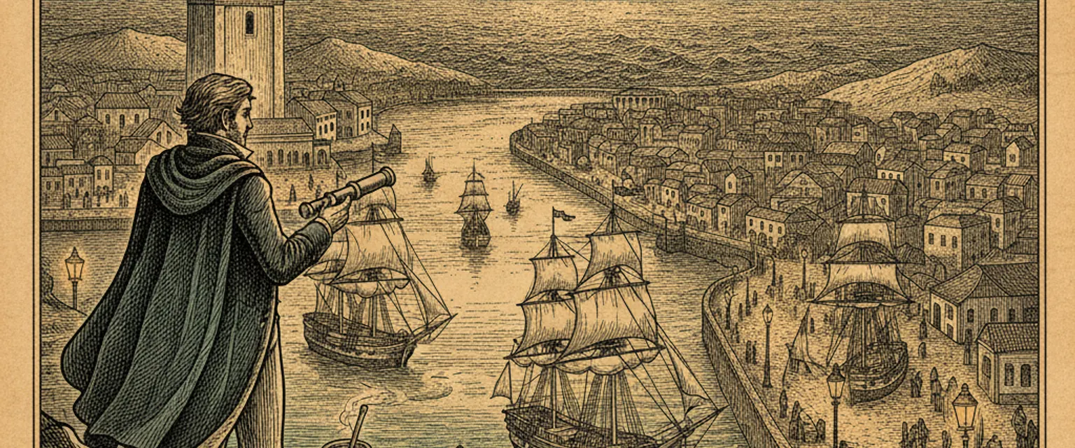 Engraved illustration of Montevideo's Rambla curving along the River Plate at golden hour