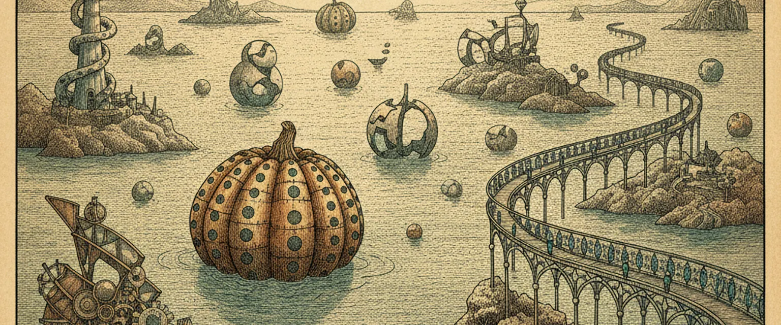 Yayoi Kusama's yellow polka-dot pumpkin sculpture on a concrete pier on Naoshima island