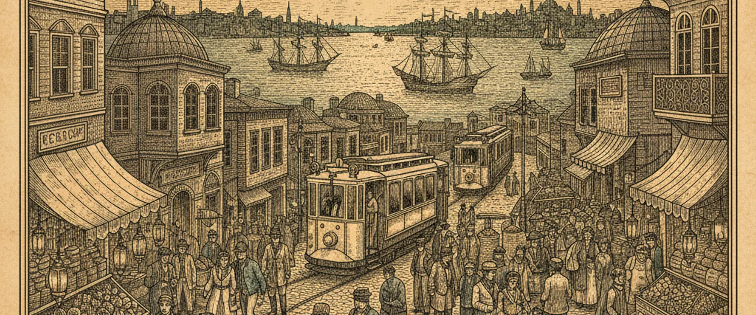 Busy market street in Kadıköy, Istanbul, with food stalls and shoppers