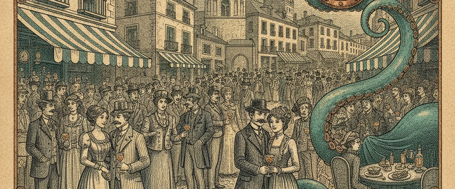 Crowd spilling out of tapas bars on a narrow street in La Latina, Madrid