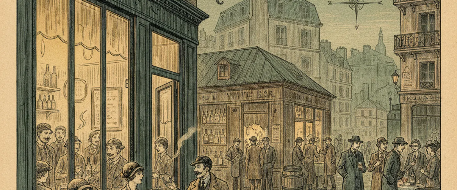 Engraved illustration of a busy bistro terrace on a narrow street in Paris's 11th arrondissement