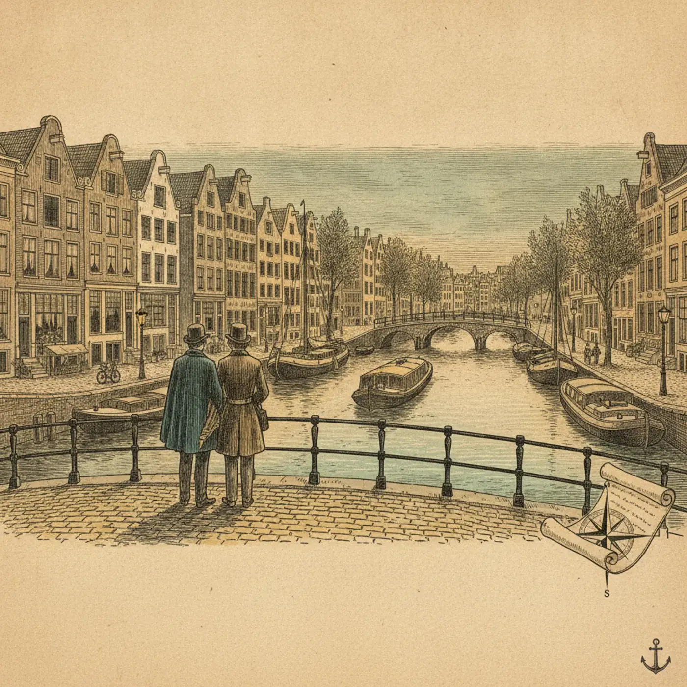Quiet Amsterdam canal in the Grachtengordel with narrow gabled houses and a bicycle on the bridge