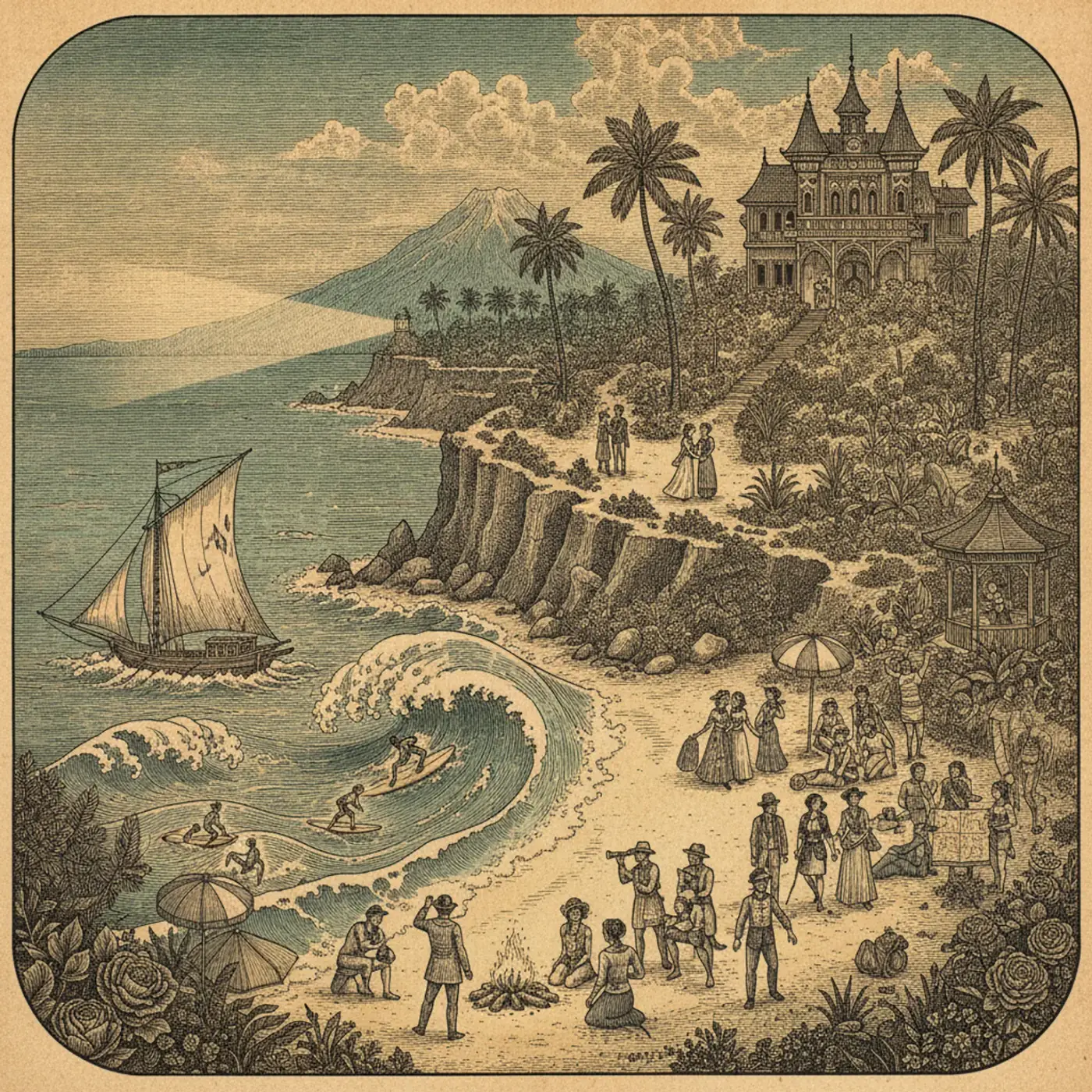 Cliffside villas and surf breaks at Uluwatu in southern Bali at golden hour