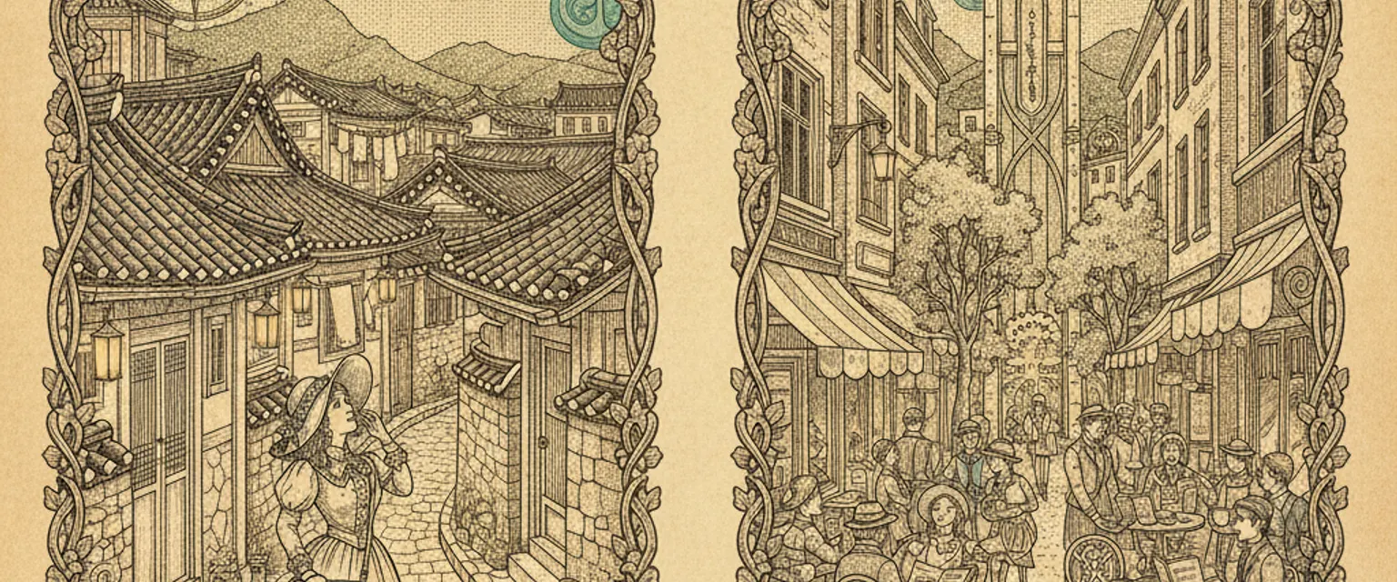 Traditional hanok rooftops in Seochon, Seoul, with a hillside neighborhood behind