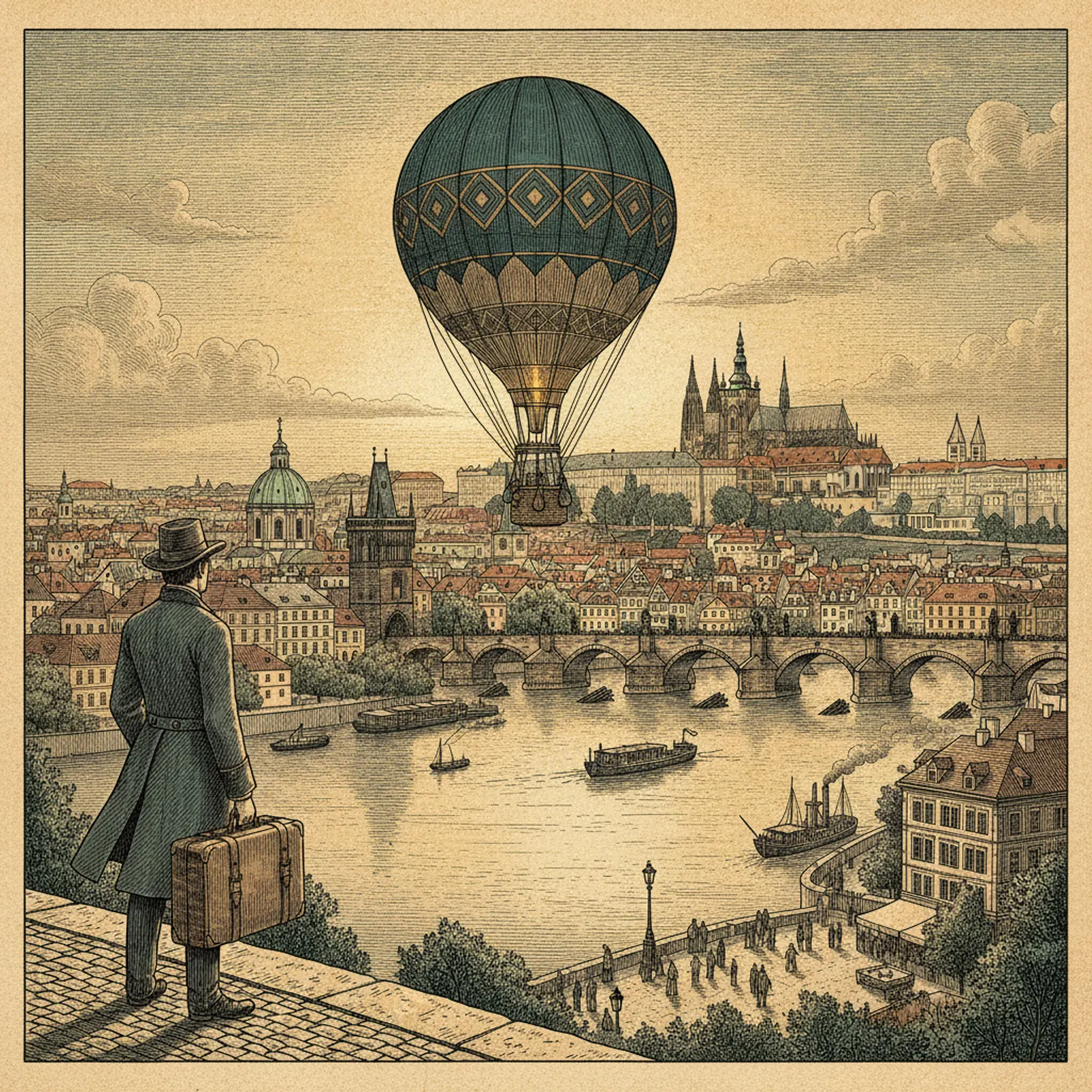 Prague's red-roofed Old Town skyline and river at golden hour