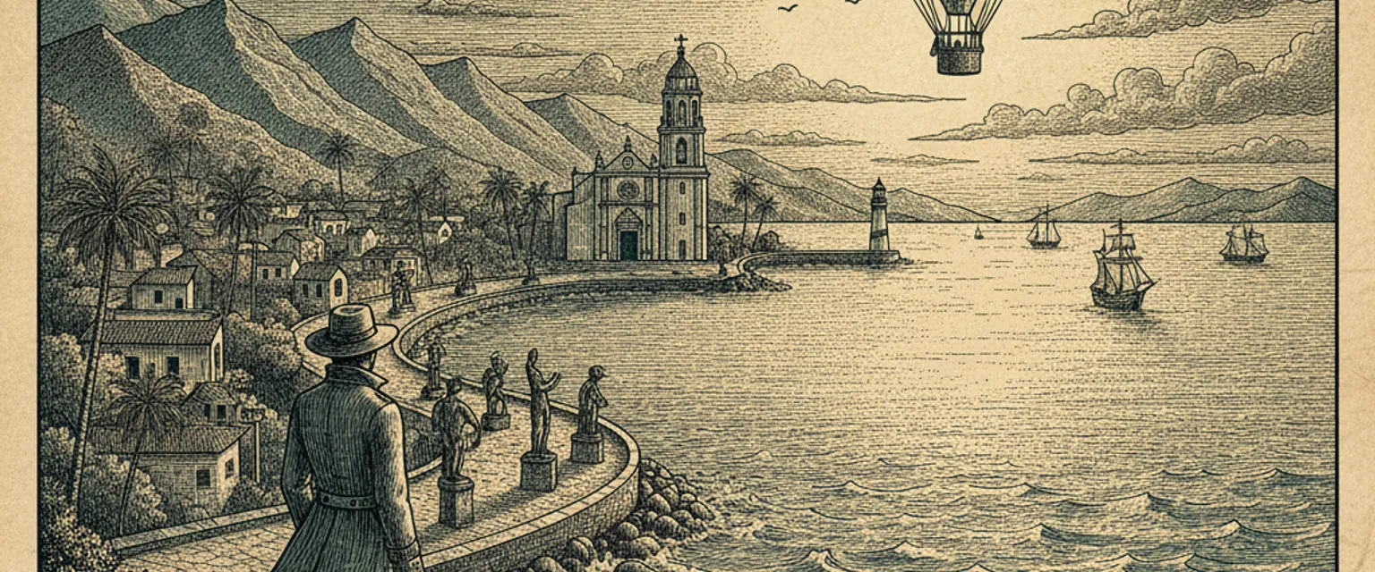 The Church of Our Lady of Guadalupe crown rising over Puerto Vallarta's old town at golden hour with Banderas Bay behind