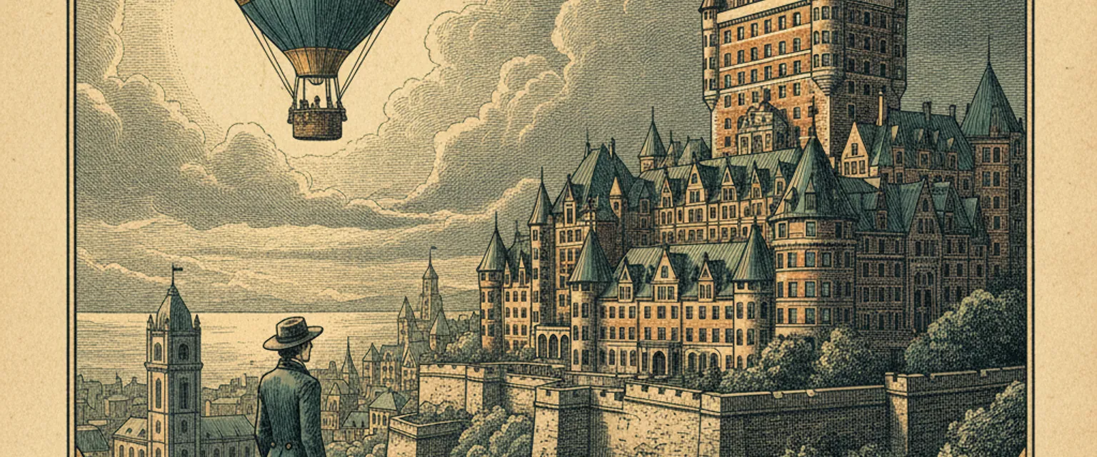 Chateau Frontenac towering over Old Quebec rooftops above the St Lawrence River at dusk