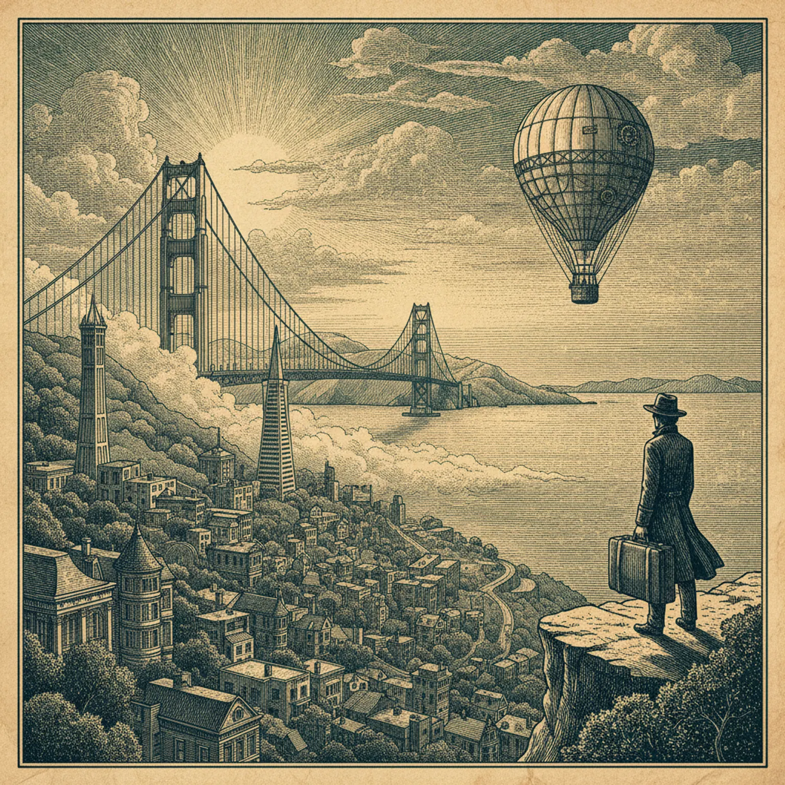 Golden Gate Bridge at dawn with fog rolling through the towers from the Marin Headlands
