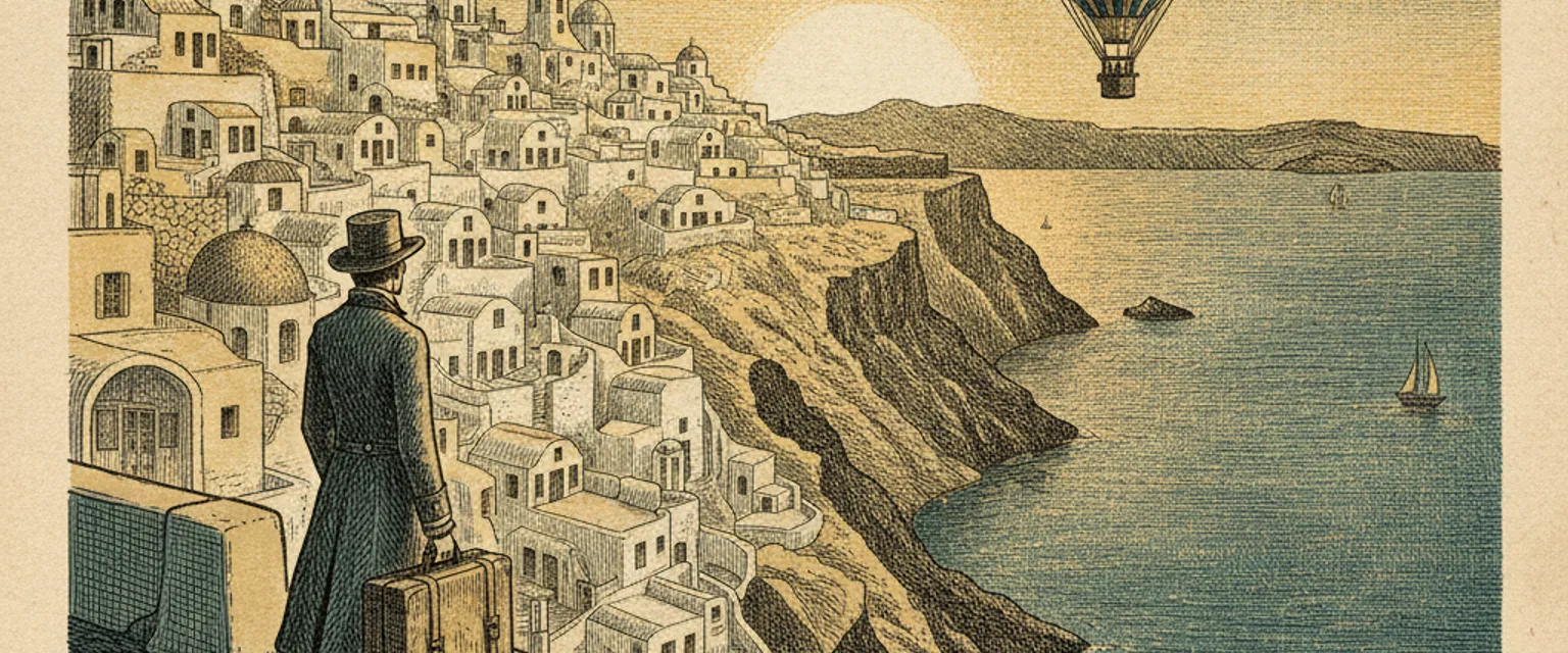 Whitewashed clifftop houses with blue domes in Oia overlooking the deep blue Santorini caldera at sunset