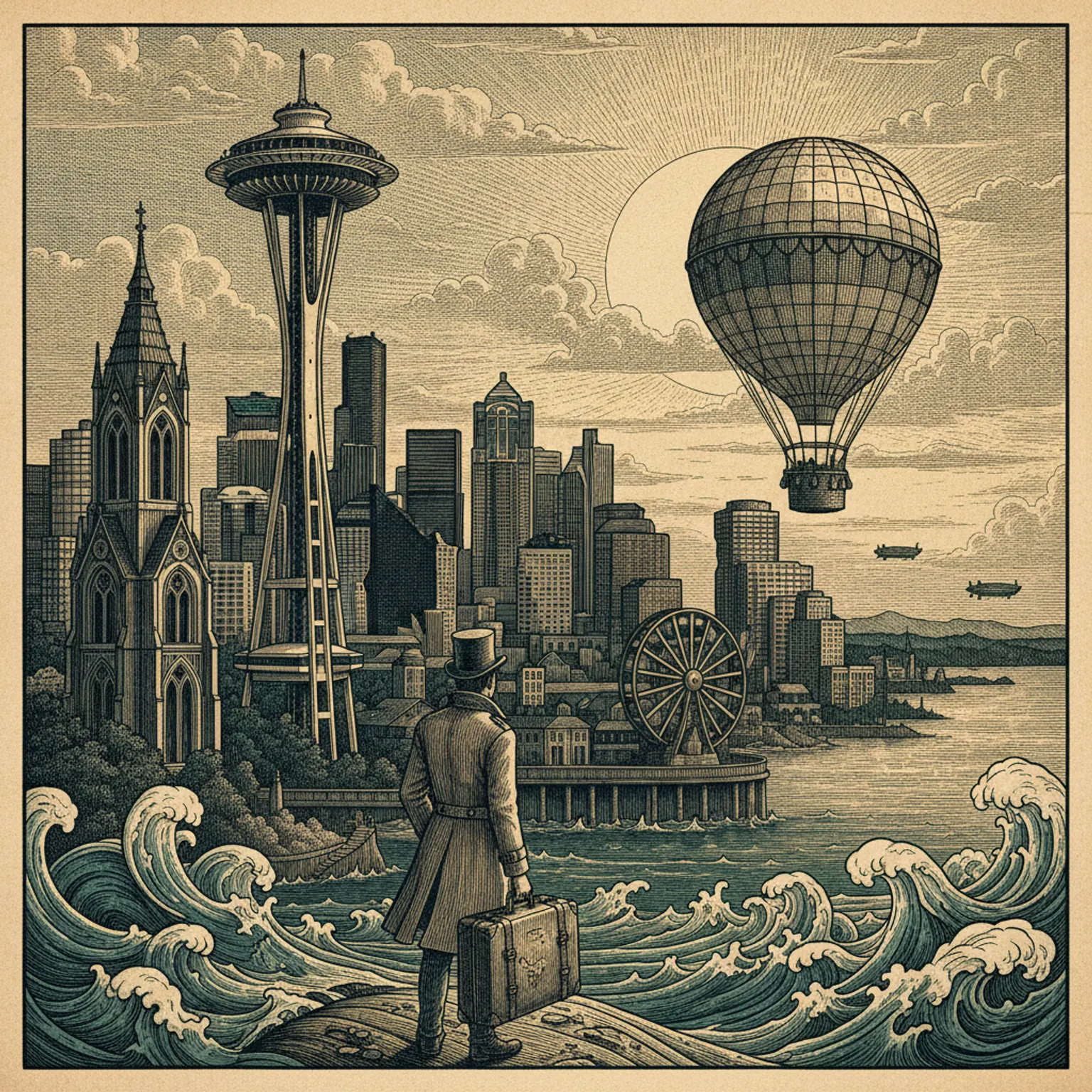 Space Needle framed by Mount Rainier on a clear summer morning, Elliott Bay below
