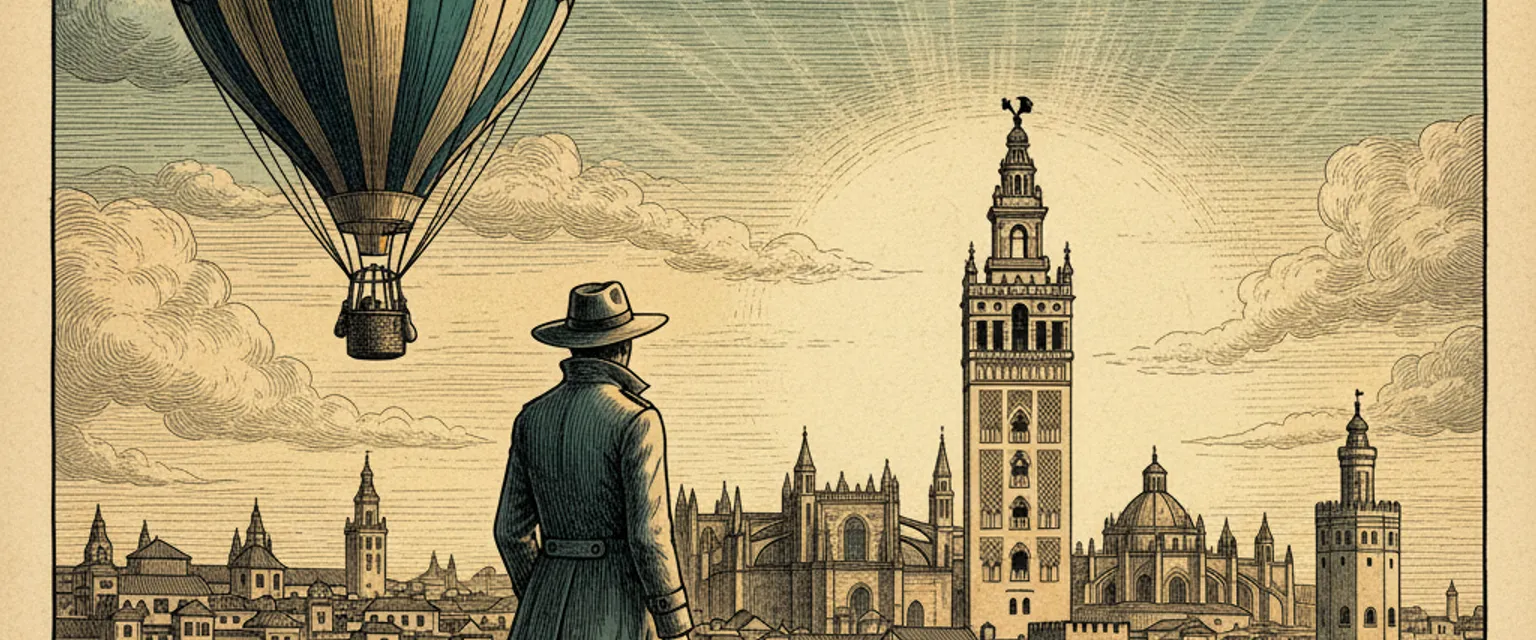 The Giralda bell tower rising above Seville Cathedral with orange trees in the foreground