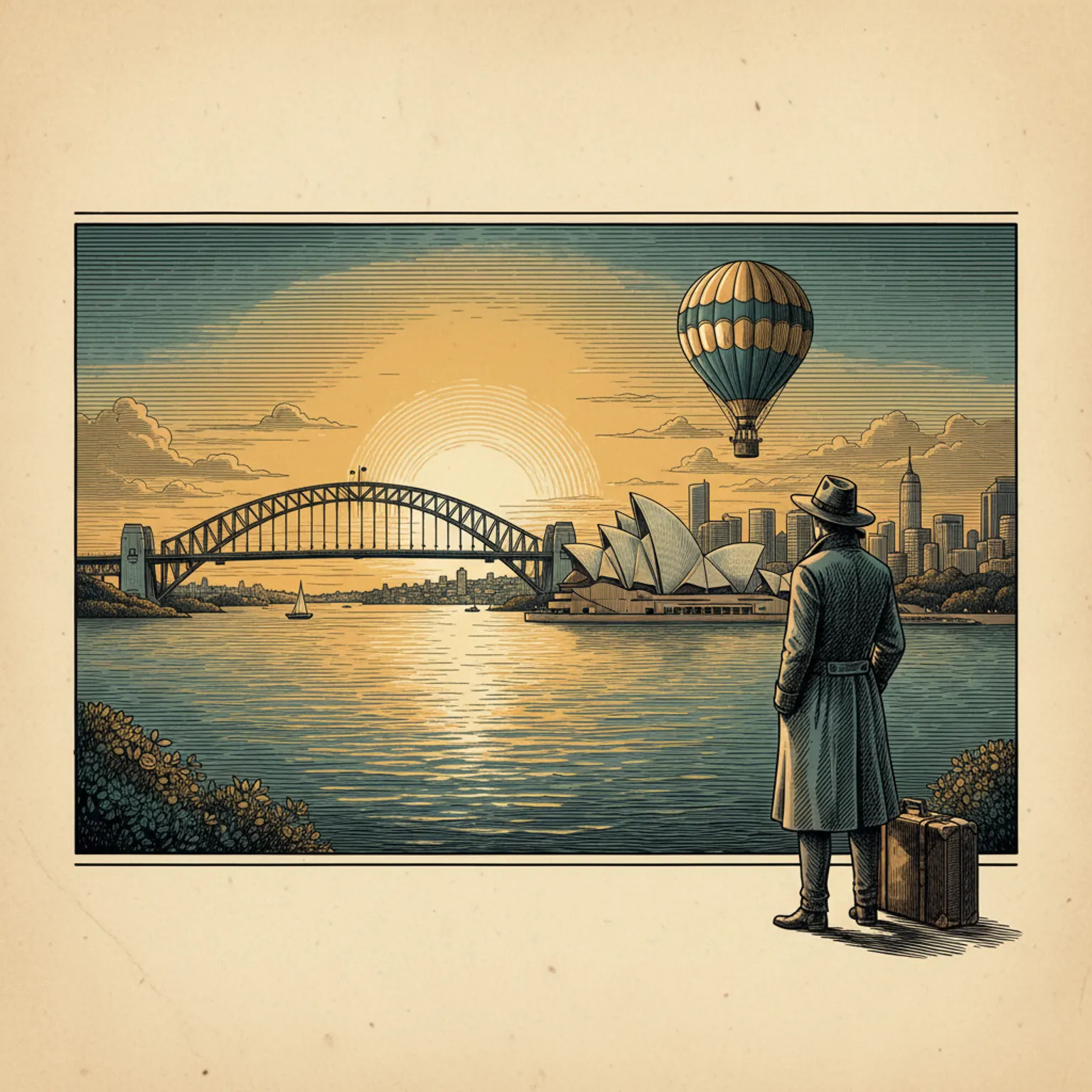 Sydney Harbour Bridge and Opera House at sunrise from Mrs Macquaries Point