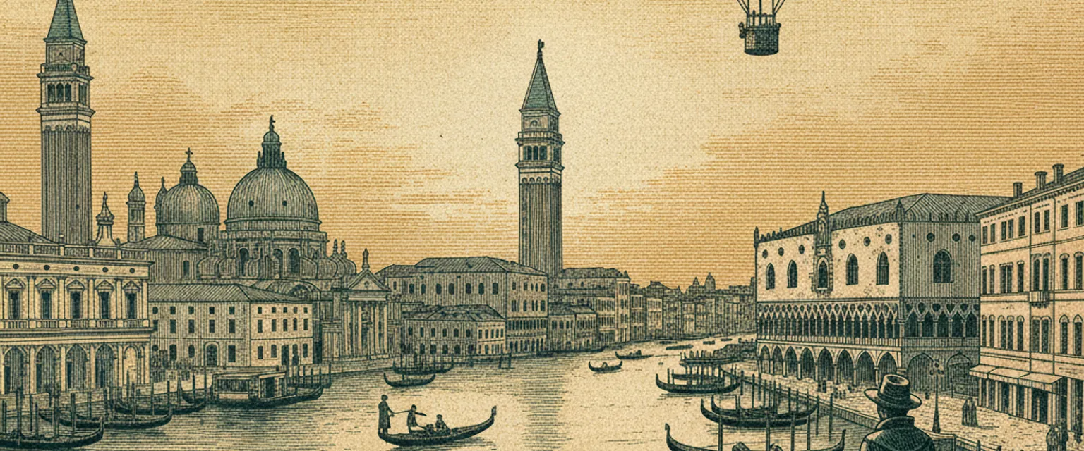 Gondolas moored on a Venice canal at golden hour with pastel palazzi behind