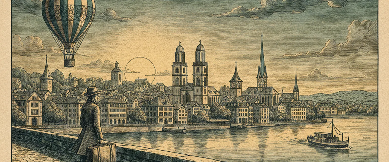 Zurich old town church spires above the Limmat river with Lake Zurich and the Alps behind