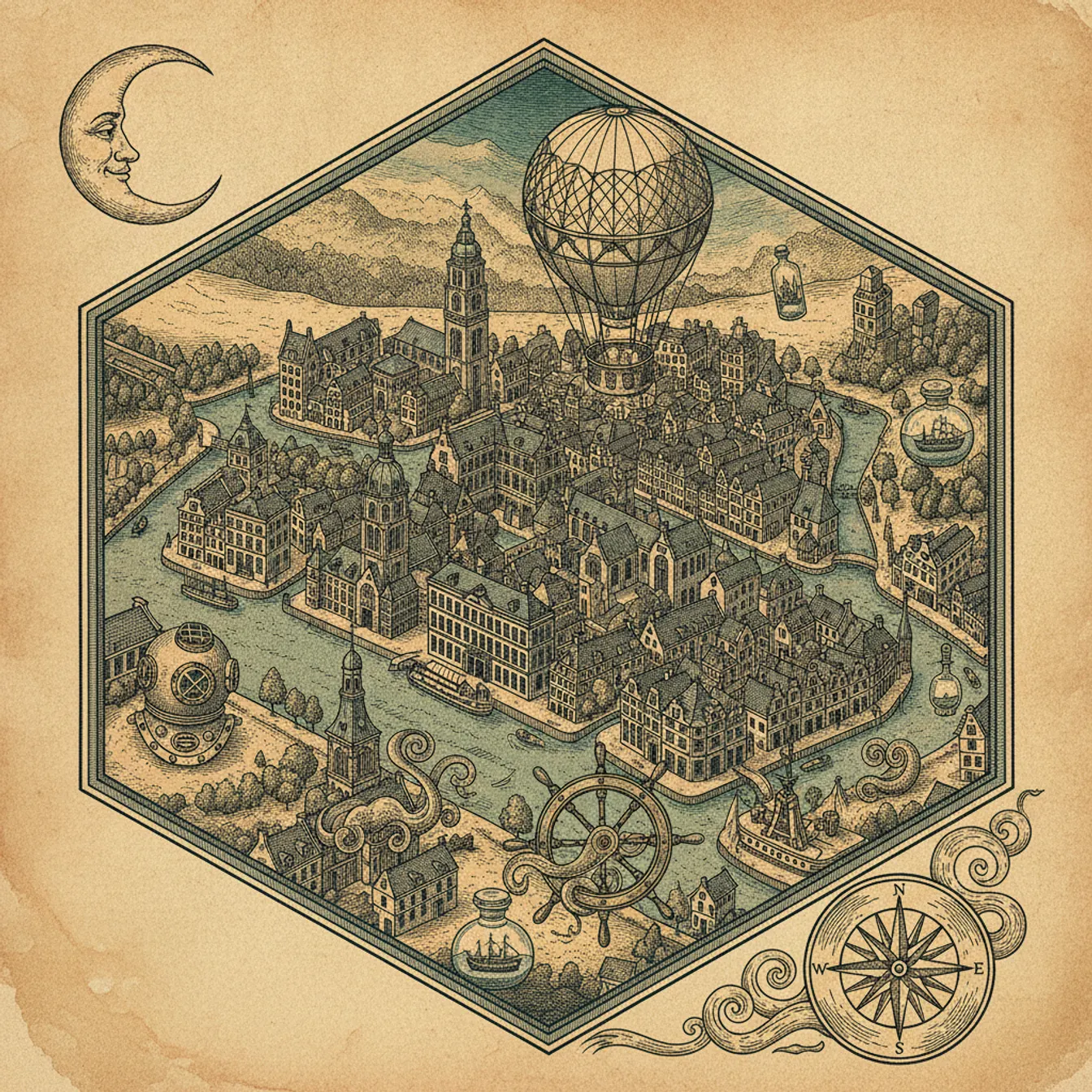 Hand-drawn tilted map of amsterdam