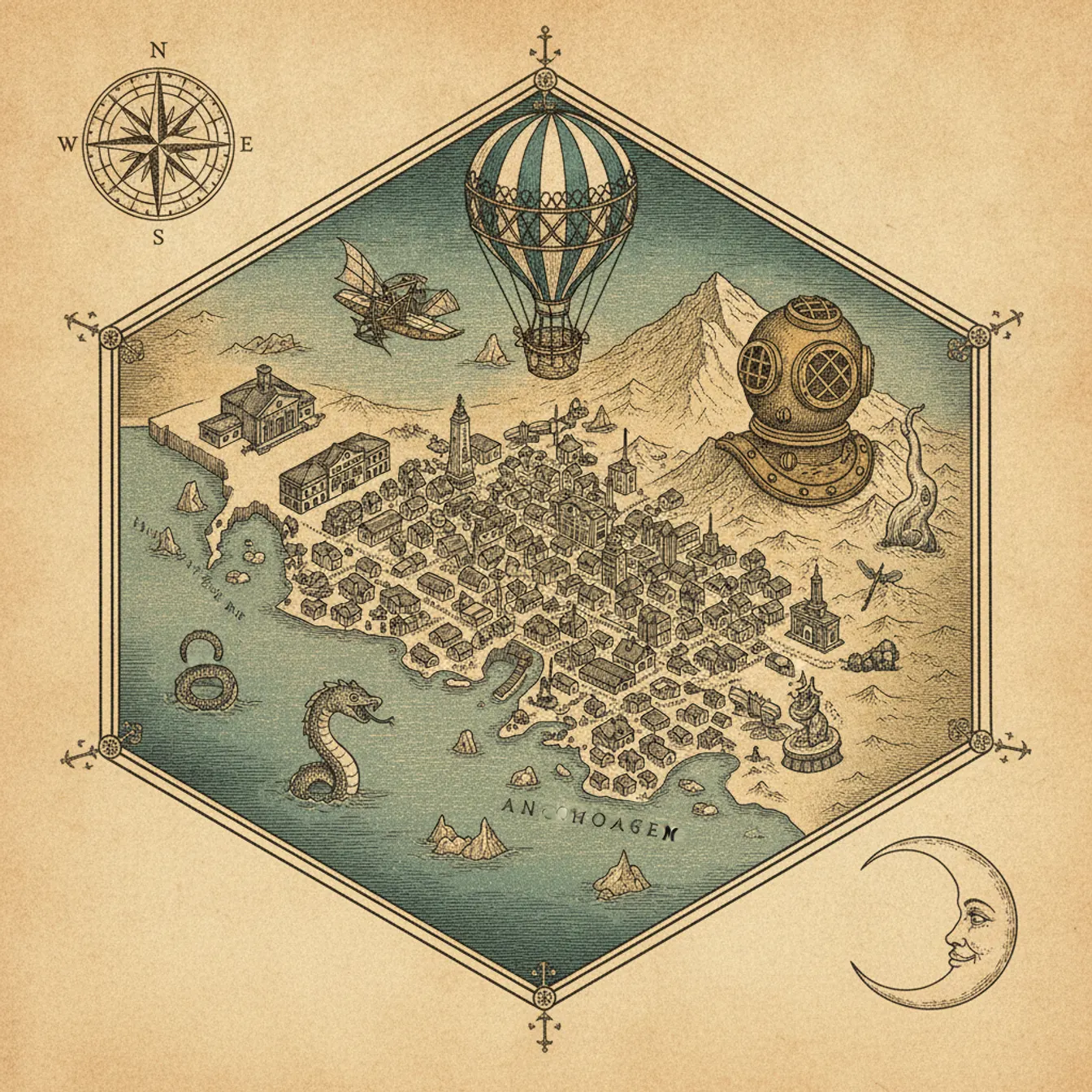 Hand-drawn tilted map of anchorage