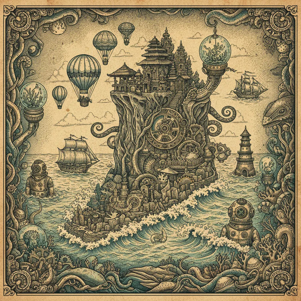 Detailed engraving of Uluwatu / Bukit Peninsula