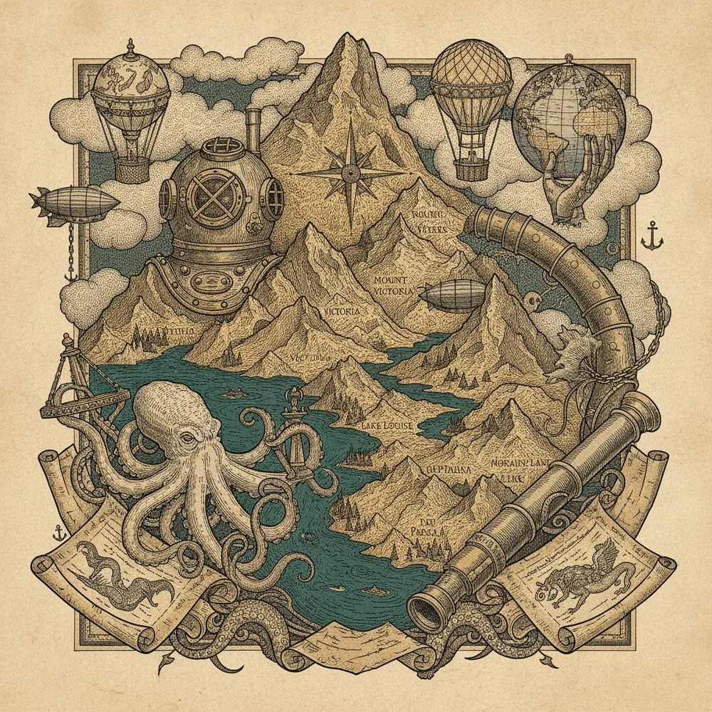 Detailed engraving of Lake Louise & Moraine Lake