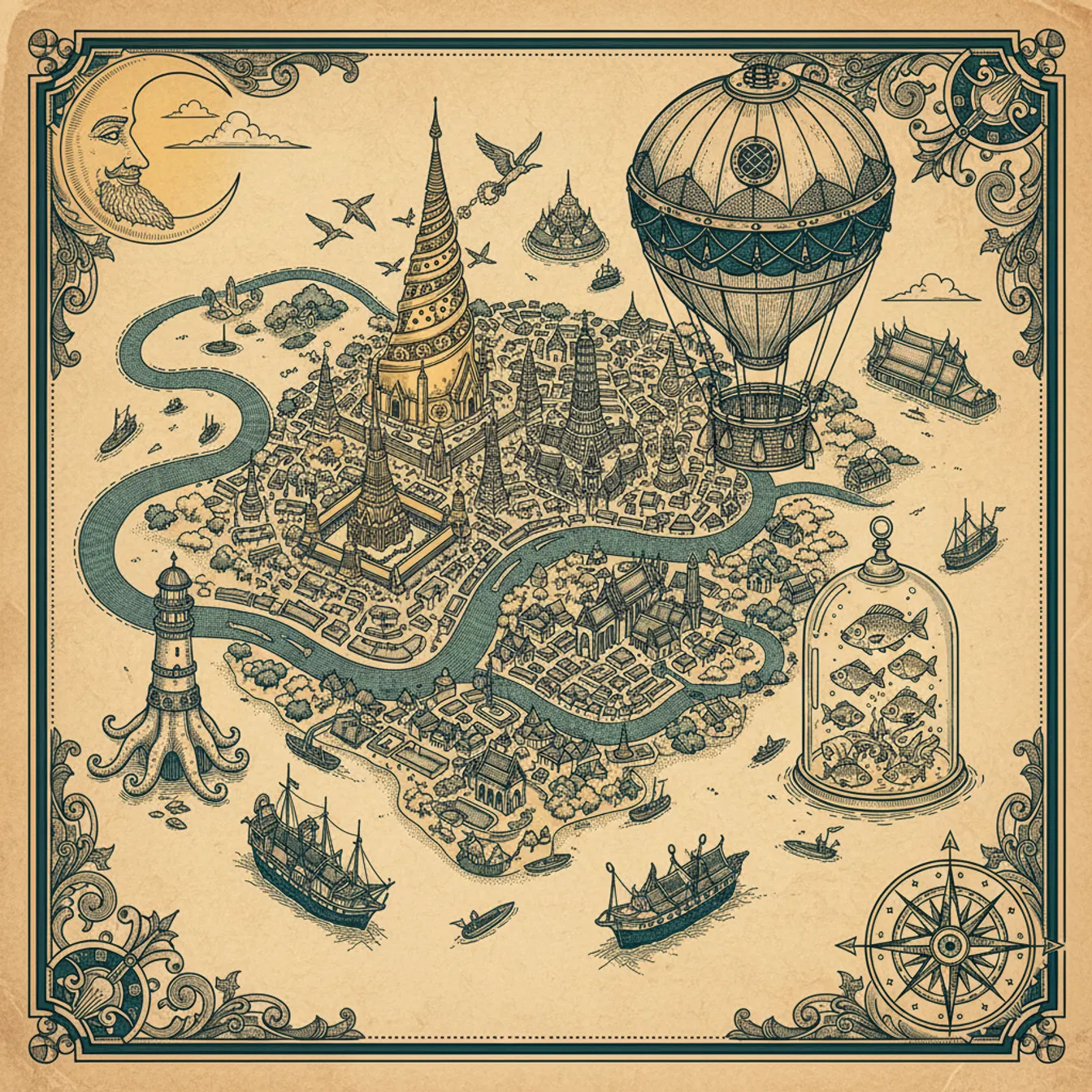 Hand-drawn tilted map of bangkok