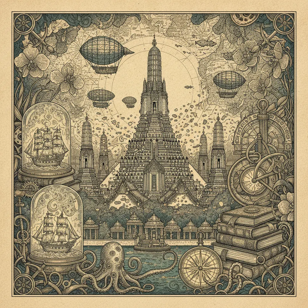 Detailed engraving of Chao Phraya Riverside