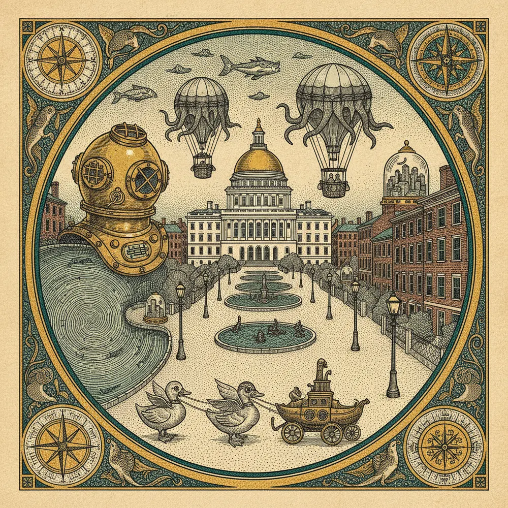 Detailed engraving of Boston Common & Beacon Hill