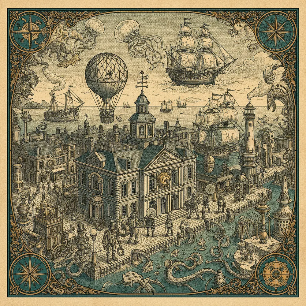 Detailed engraving of Faneuil Hall & Waterfront