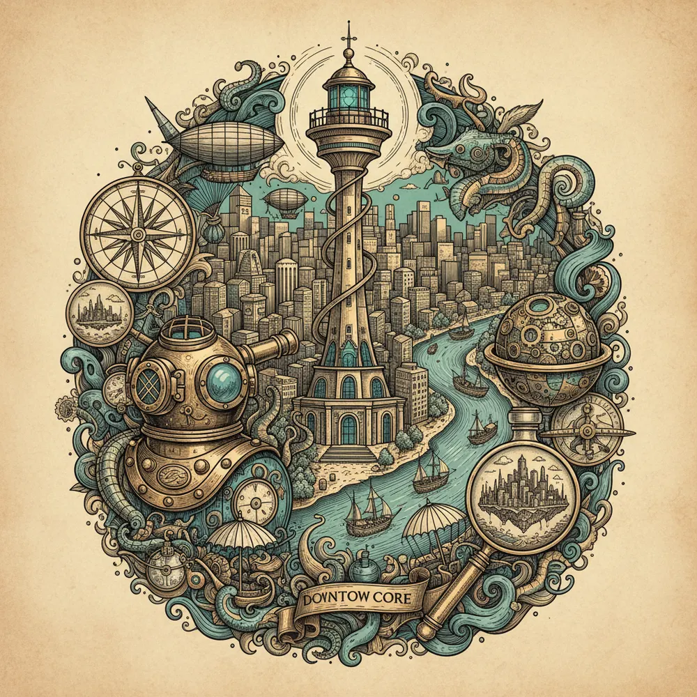 Detailed engraving of Downtown Core