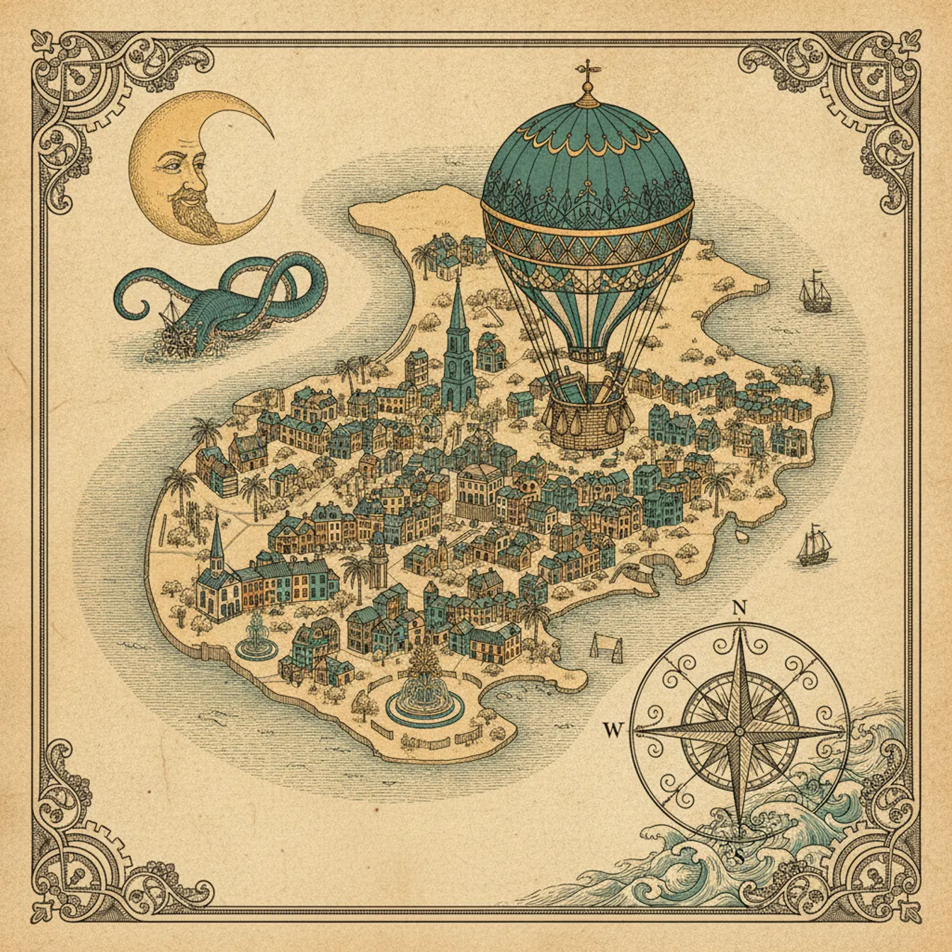 Hand-drawn tilted map of charleston