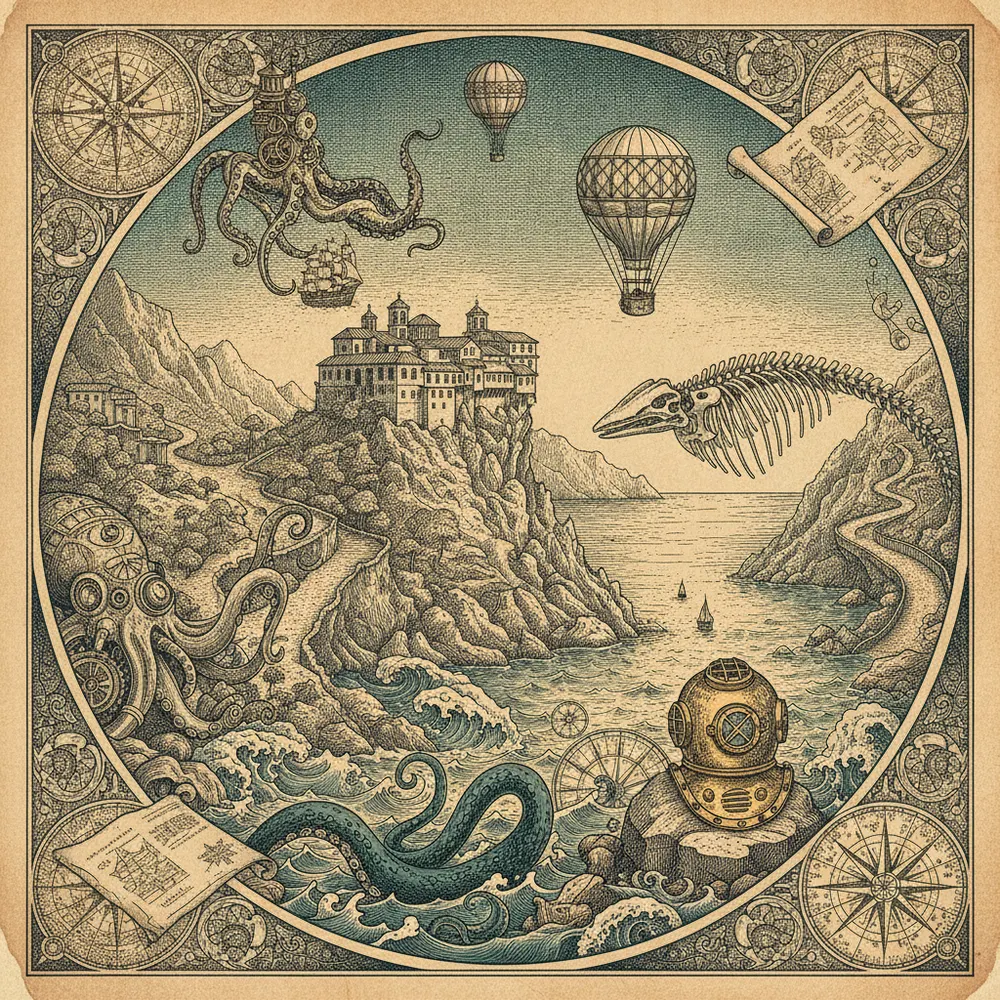 Detailed engraving of Paleokastritsa