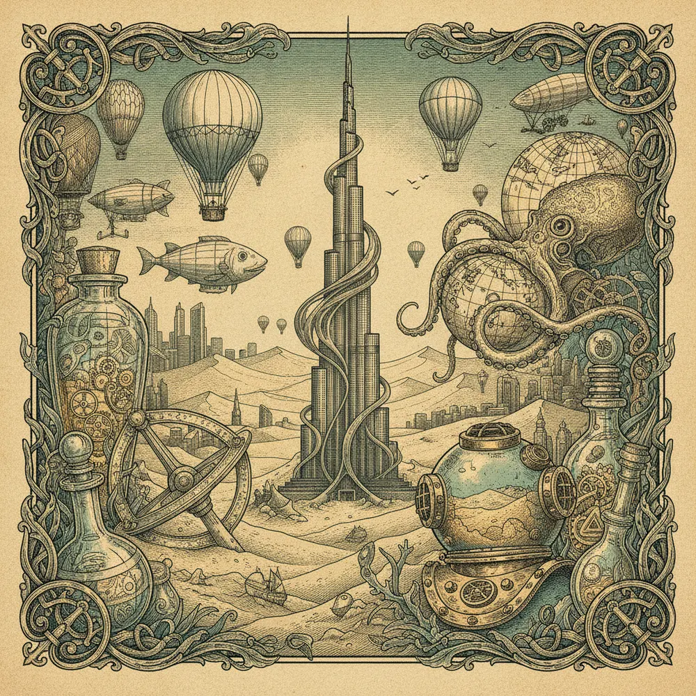 Detailed engraving of Dubai Desert