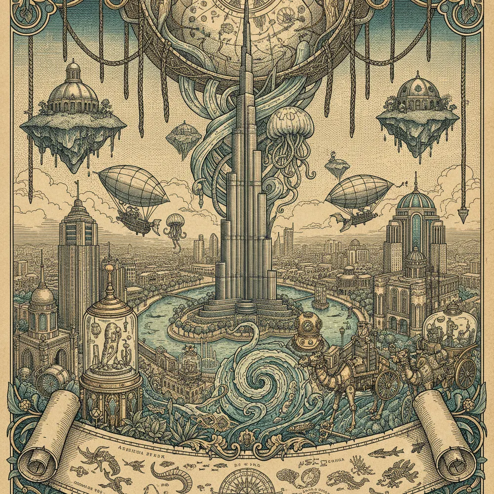 Detailed engraving of Downtown Dubai