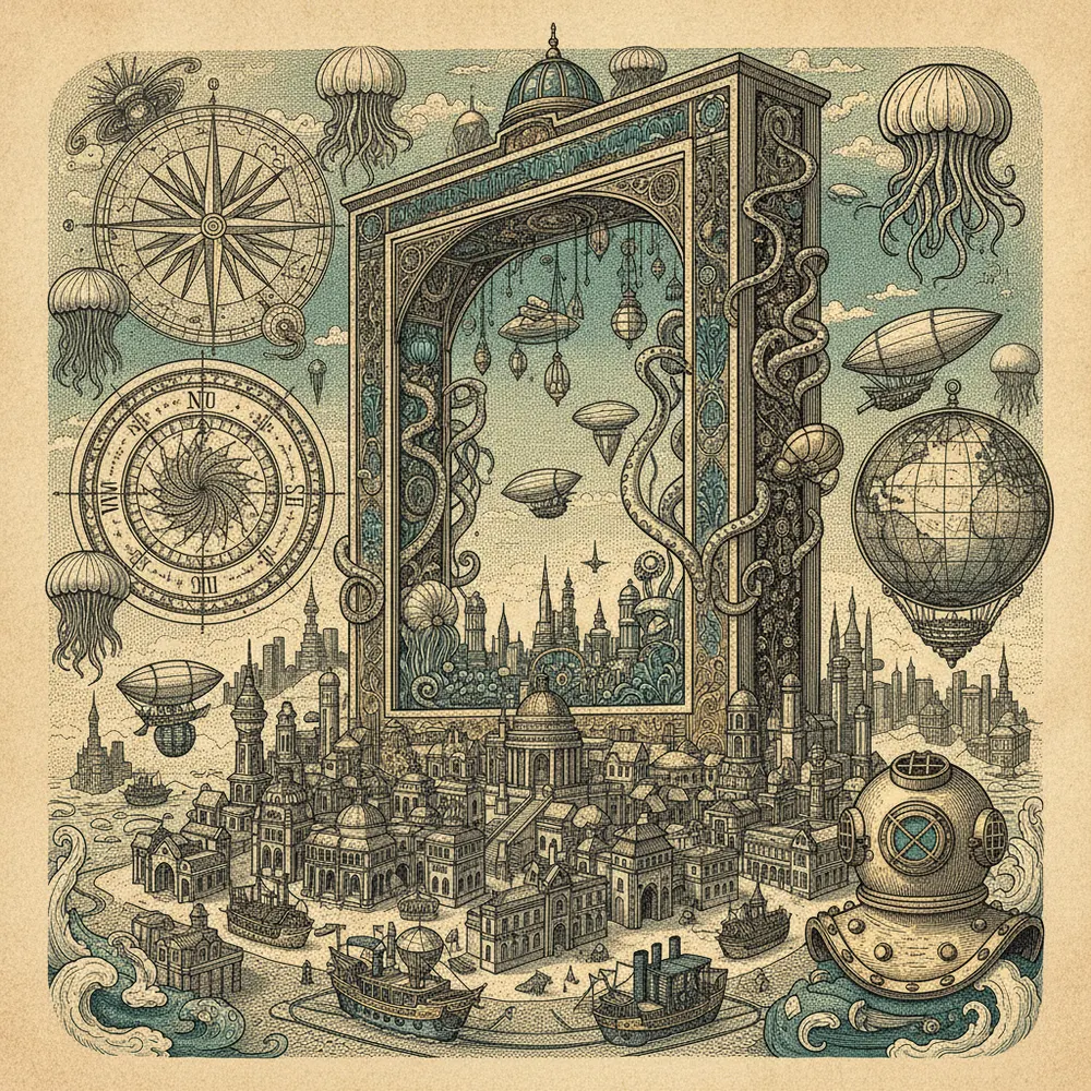 Detailed engraving of Dubai Frame & Zabeel