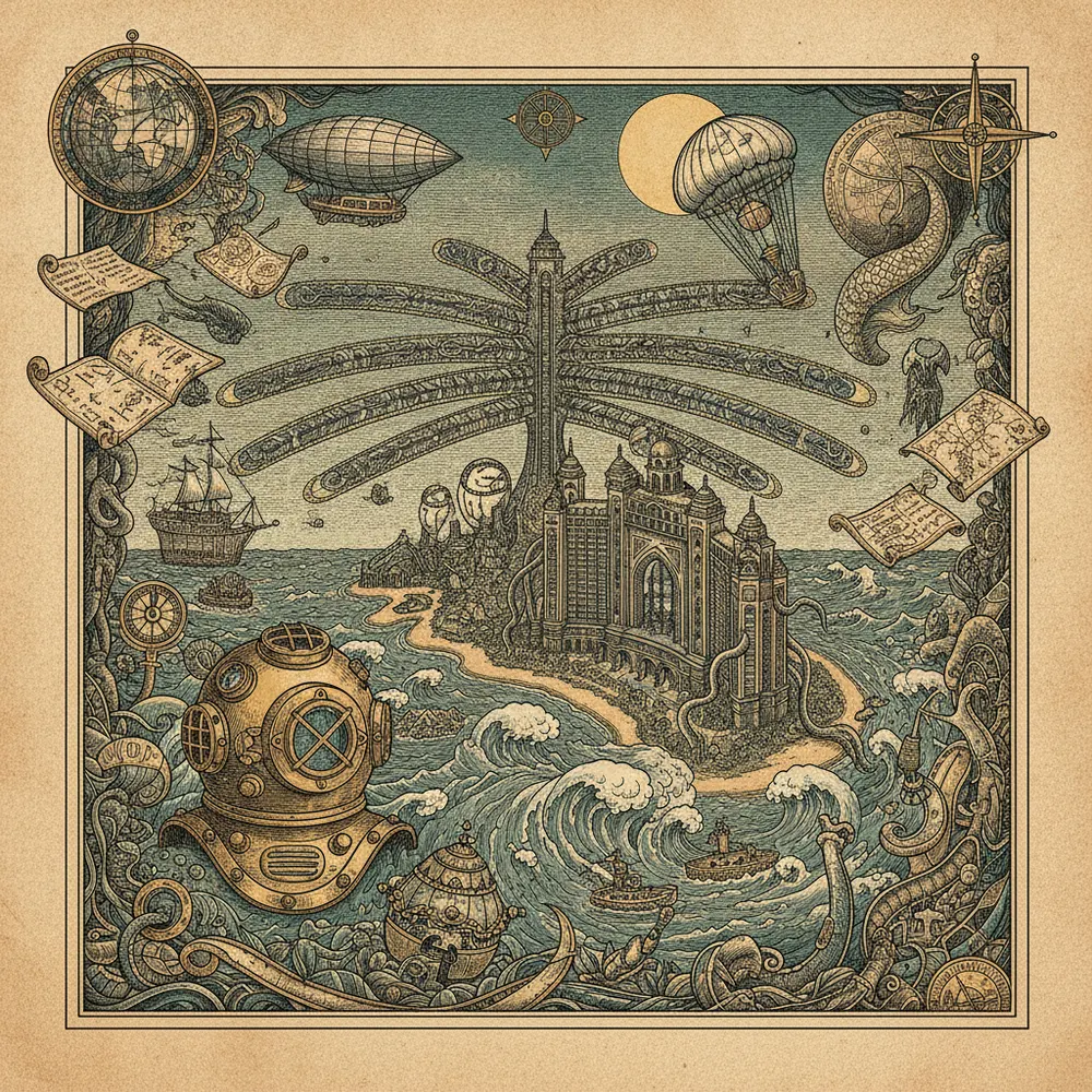 Detailed engraving of Palm Jumeirah