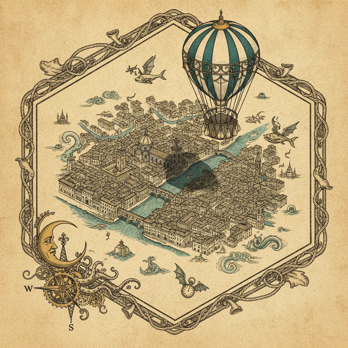 Hand-drawn tilted map of florence