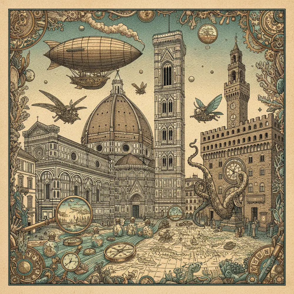 Detailed engraving of Duomo & Piazza della Signoria