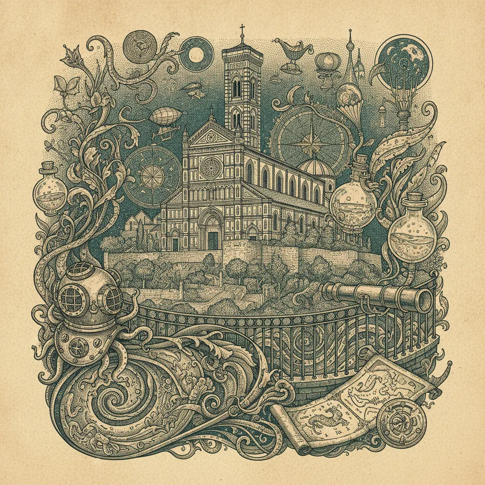 Detailed engraving of San Miniato al Monte
