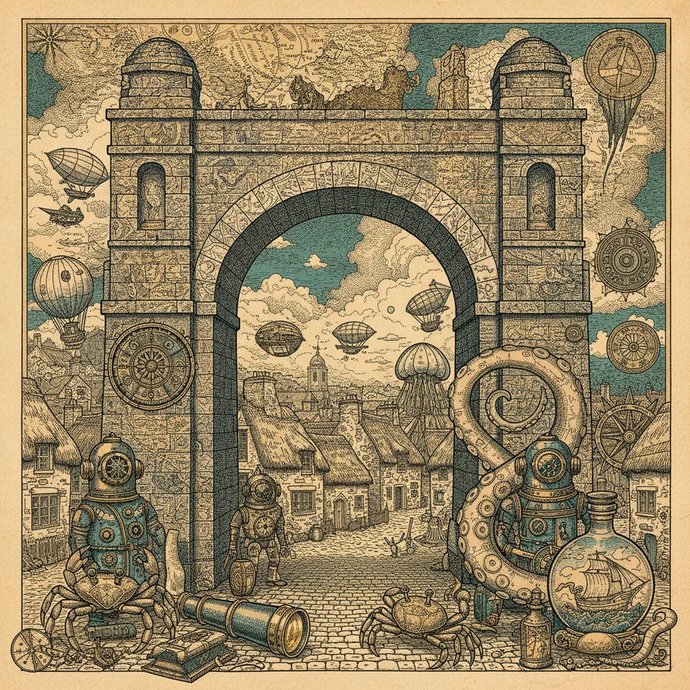 Detailed engraving of Spanish Arch & Claddagh